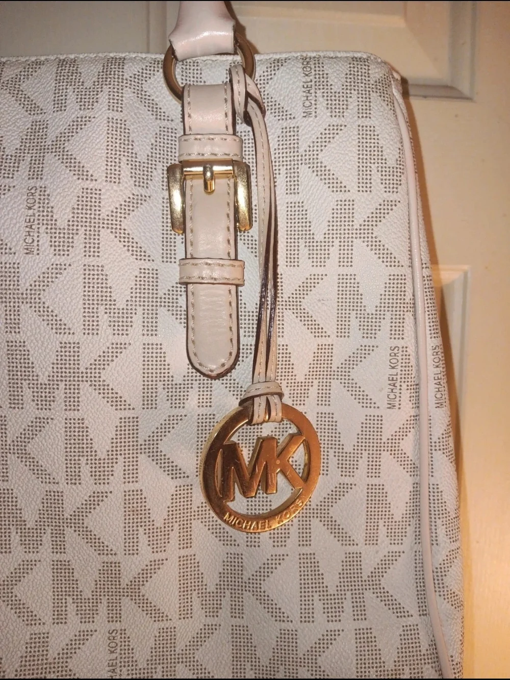 Michael Kors Logo Tote in Light Beige and Cream with Gold Hardware